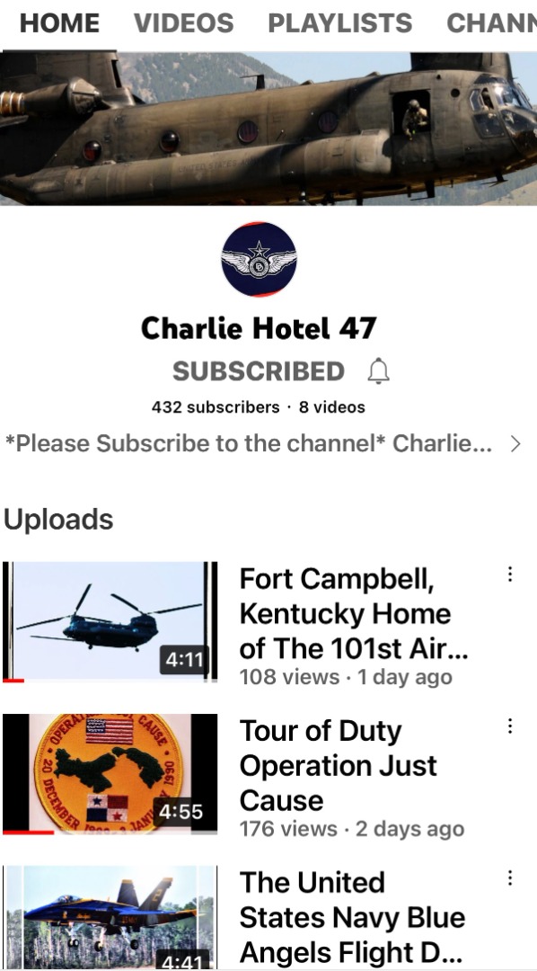 Check out and subscribe to my new YouTube channel Charlie Hotel 47! All videos/pictures on this channel were taken by me or of me in combat operations, military, aviation, and history related events, and visits to museums across the country. and museums across the USA